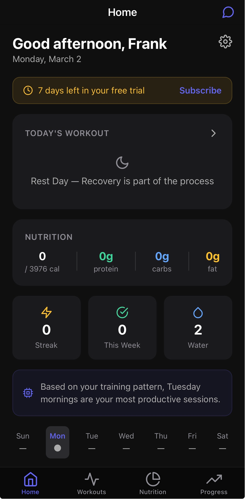 WorkWorks dashboard showing today's workout, nutrition tracking, activity streak, and ML-powered training insights