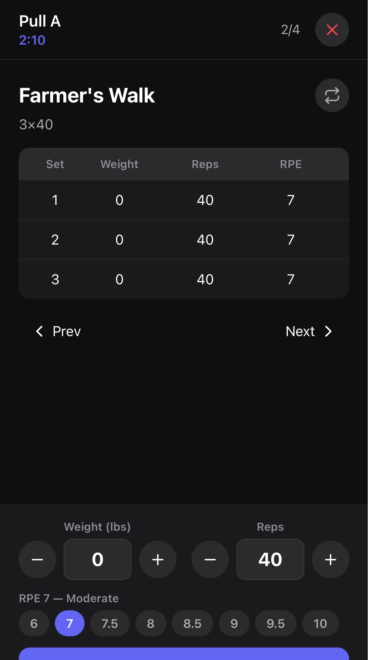 WorkWorks active workout session with set table showing weight, reps, and effort columns, exercise navigation, and the Log Set button
